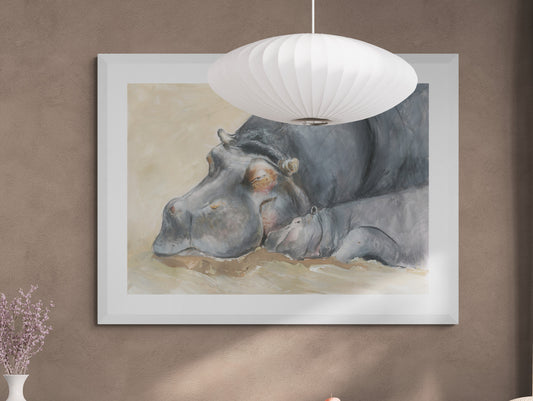 "Adorable Mum and Baby Hippo Painting - Captivating Wildlife Art" image 0
