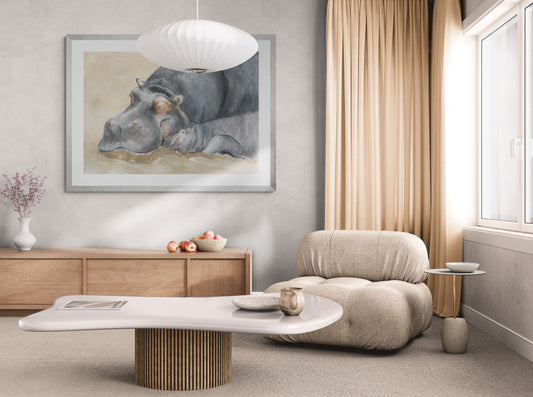 "Adorable Mum and Baby Hippo Painting - Captivating Wildlife Art" image 1