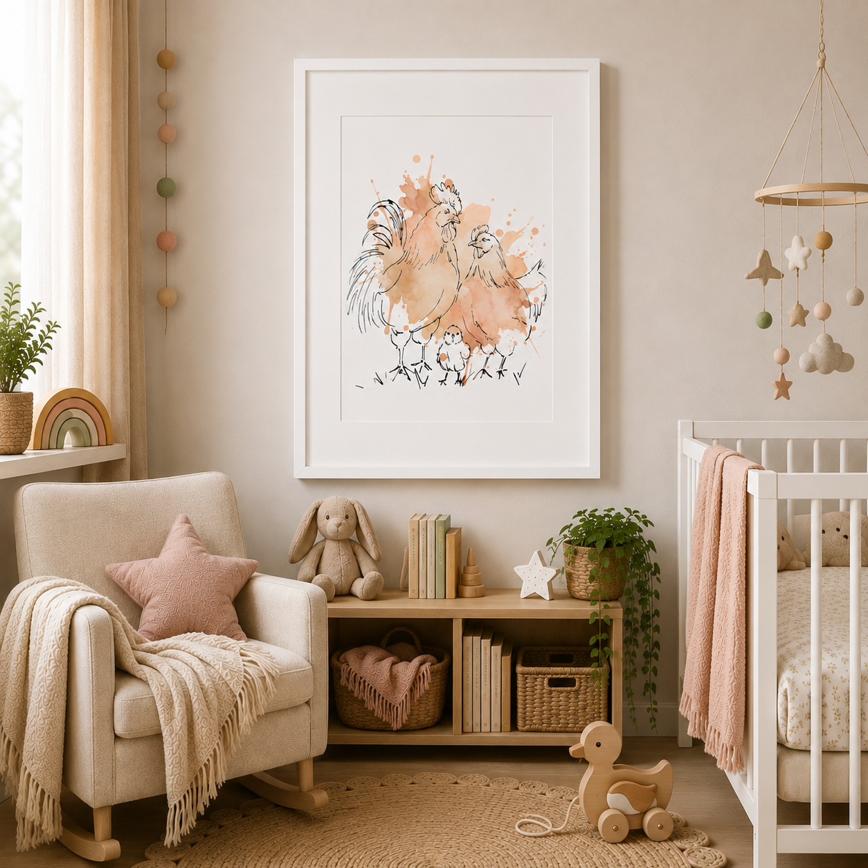 Chickens Peach – Nursery Wall Art Print | Hen, Rooster & Chick