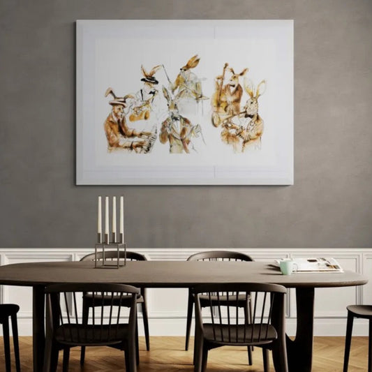 Jazz Playing Hare Band framed fine art print by Wendy Laverick styled above dining table