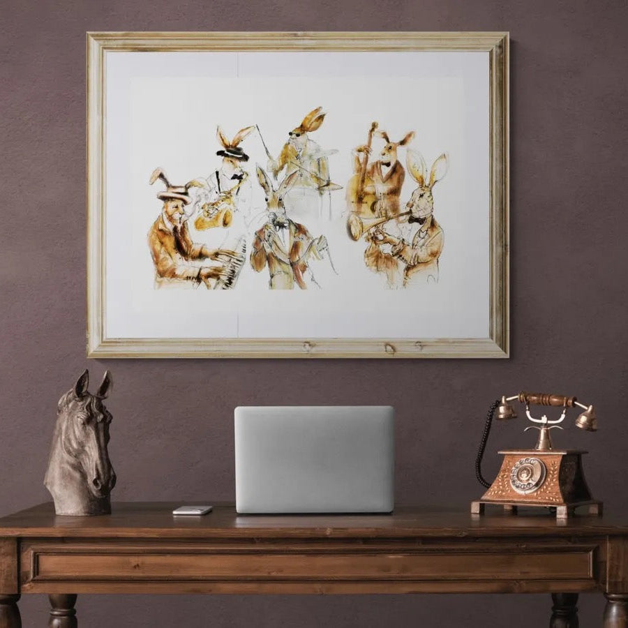Jazz Playing Hare Band framed fine art print by Wendy Laverick styled above dining table