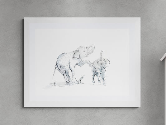 Framed elephant mother and calf ink and watercolour nursery art print by Wendy Laverick mounted with white mount