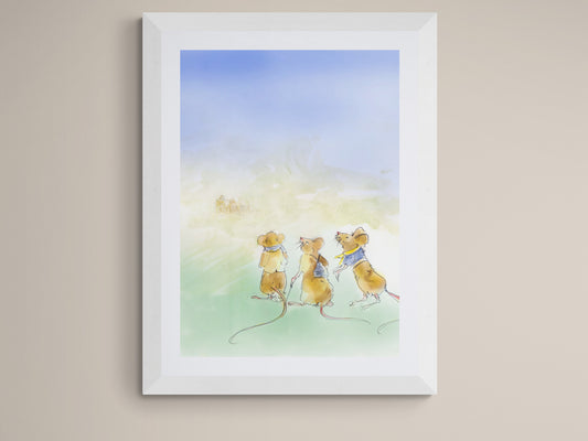 Three little mice ink and watercolour illustration nursery wall art by British artist Wendy Laverick
