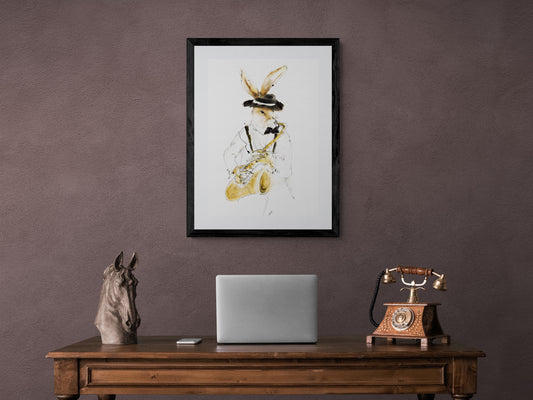 Framed Print Sonny the Saxophonist Jazz Playing Hare image 0