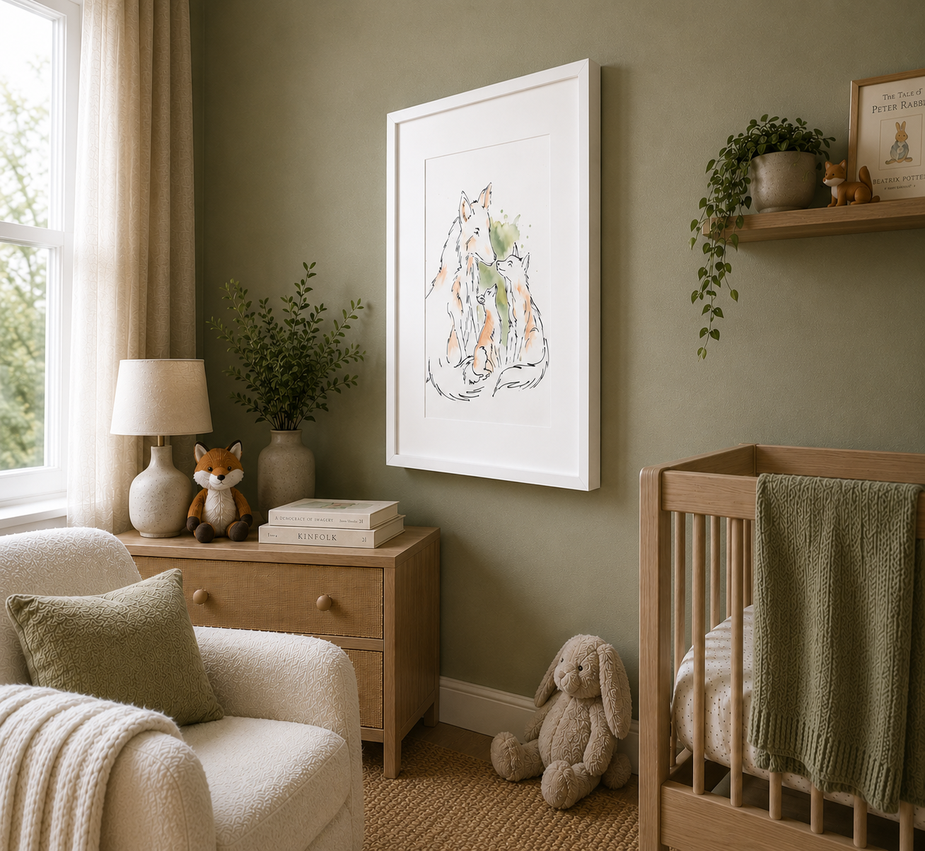 Foxes Sage – Nursery Wall Art Print | Fox & Cubs