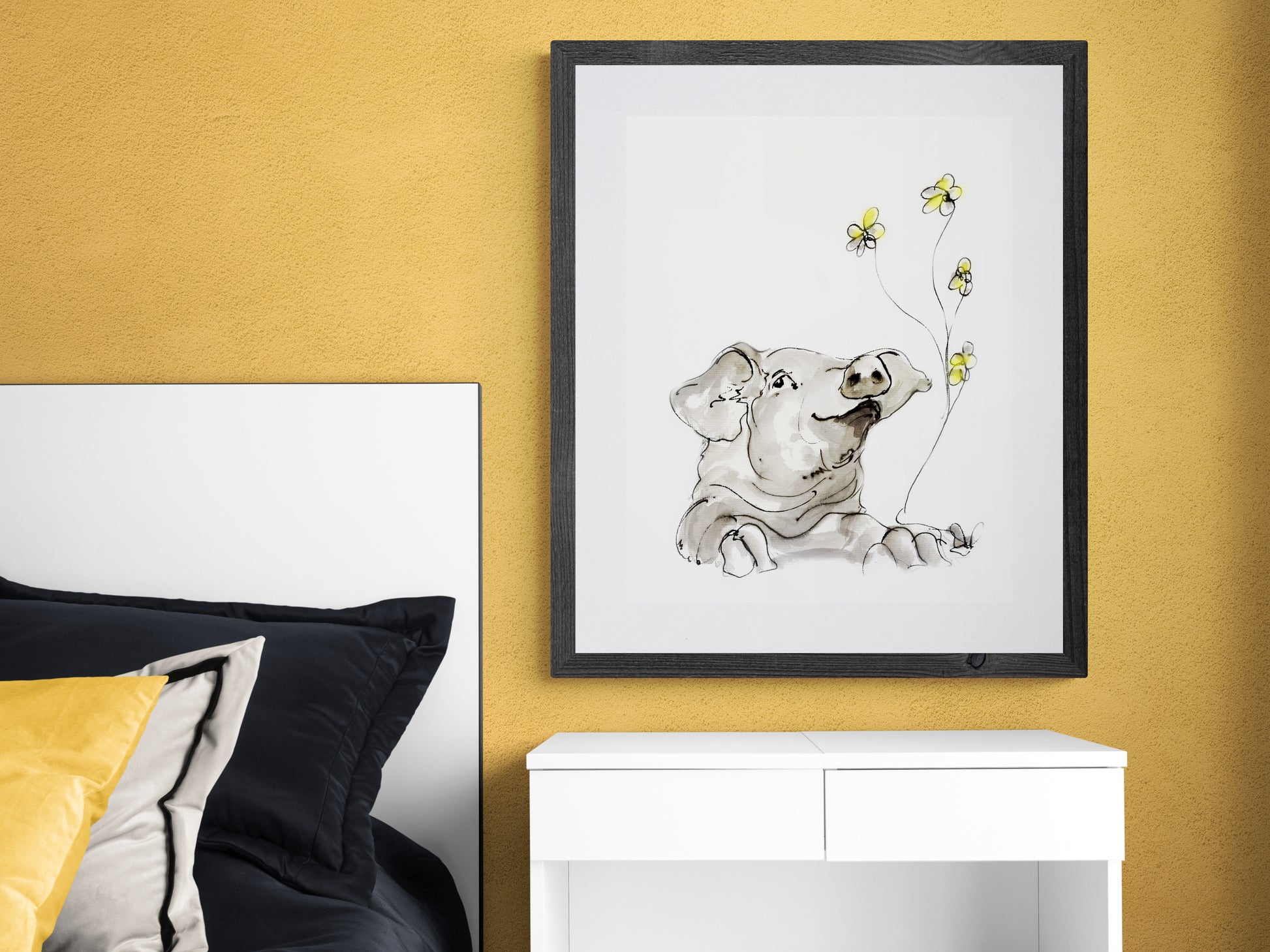 Framed Print Chester the Pig and his yellow flowers image 0