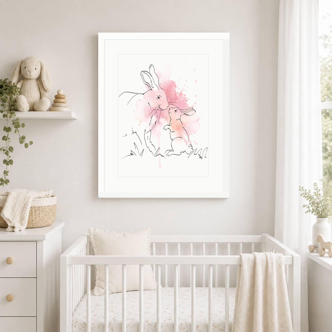 Bunnies Blush – Nursery Wall Art Print | Rabbit & Baby Bunny