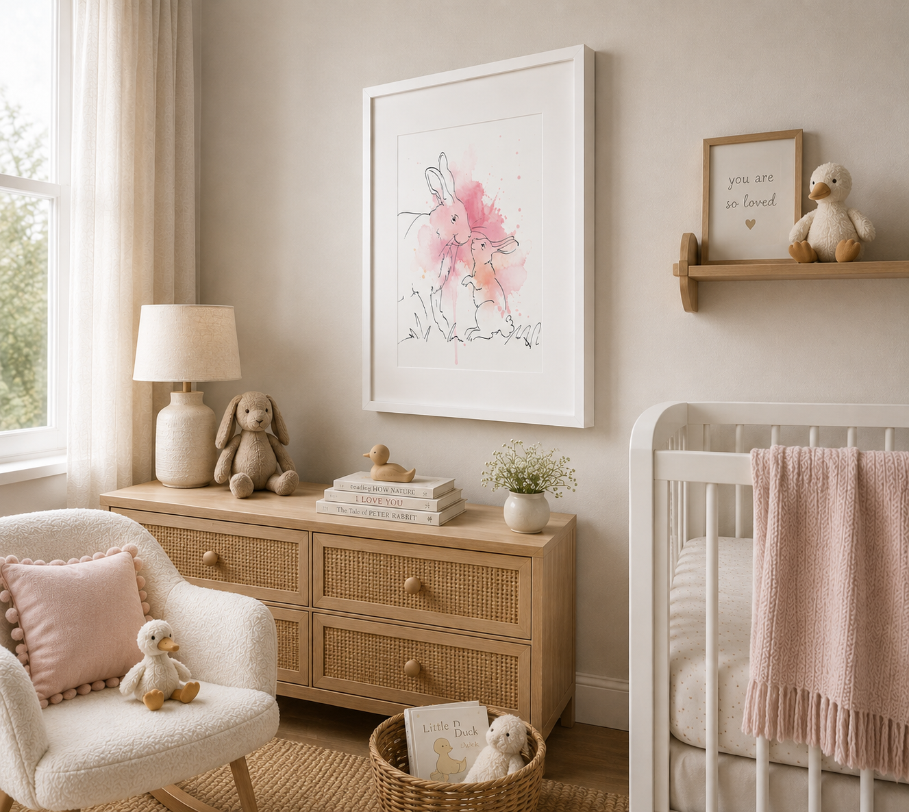 Bunnies Blush – Nursery Wall Art Print | Rabbit & Baby Bunny