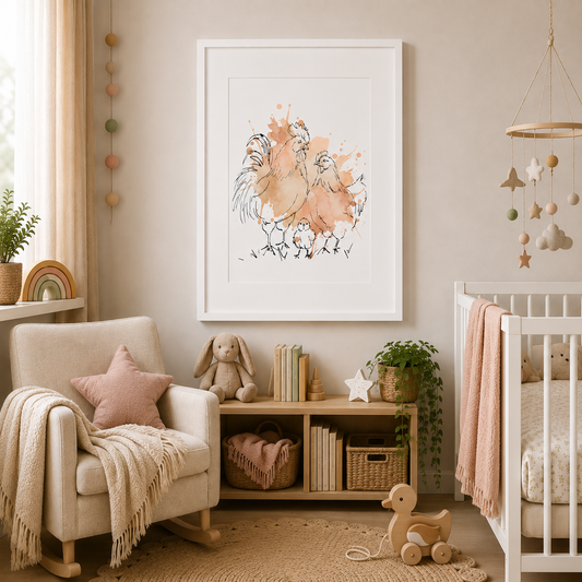 Chickens Peach – Nursery Wall Art Print | Hen, Rooster & Chick