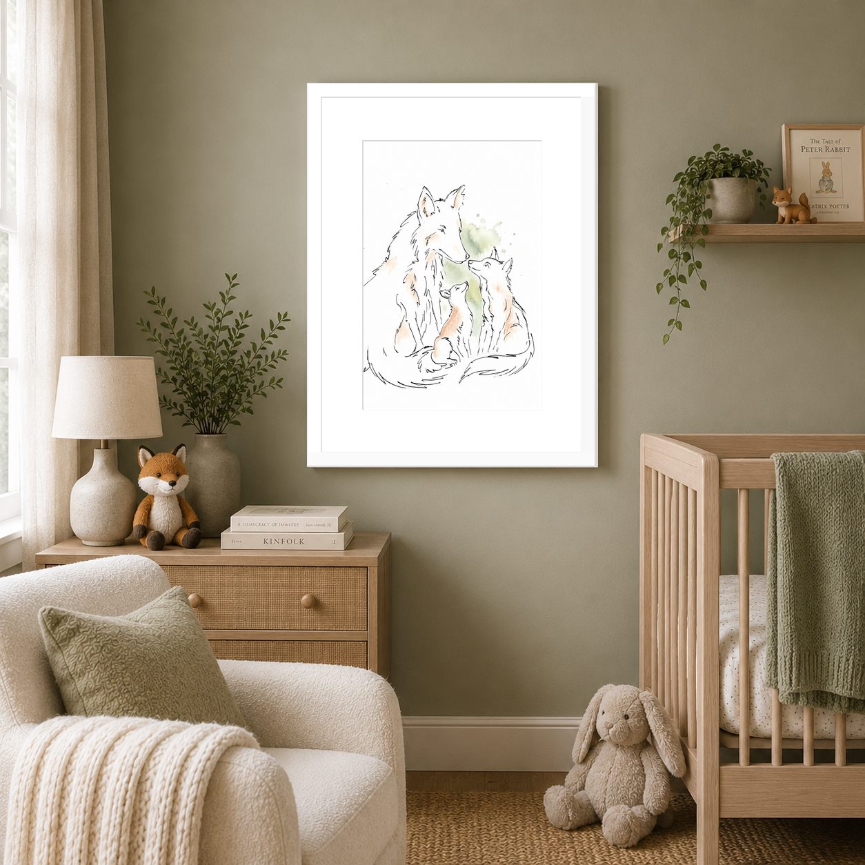 Foxes Sage – Nursery Wall Art Print | Fox & Cubs