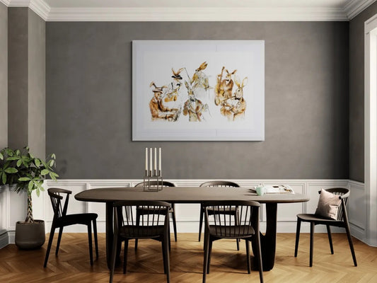 Jazz Playing Hare Band framed fine art print by Wendy Laverick styled above dining table
