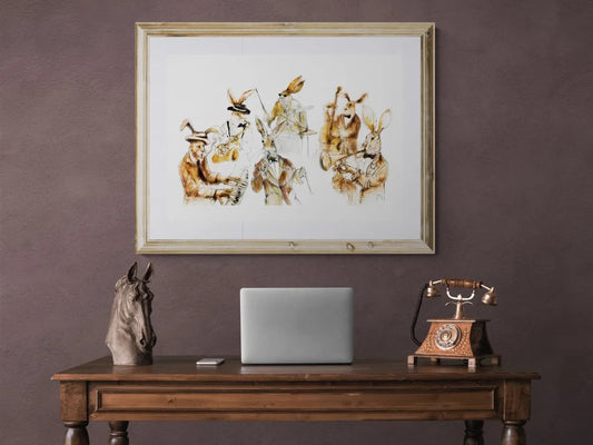Jazz Playing Hare Band framed fine art print by Wendy Laverick styled above dining table