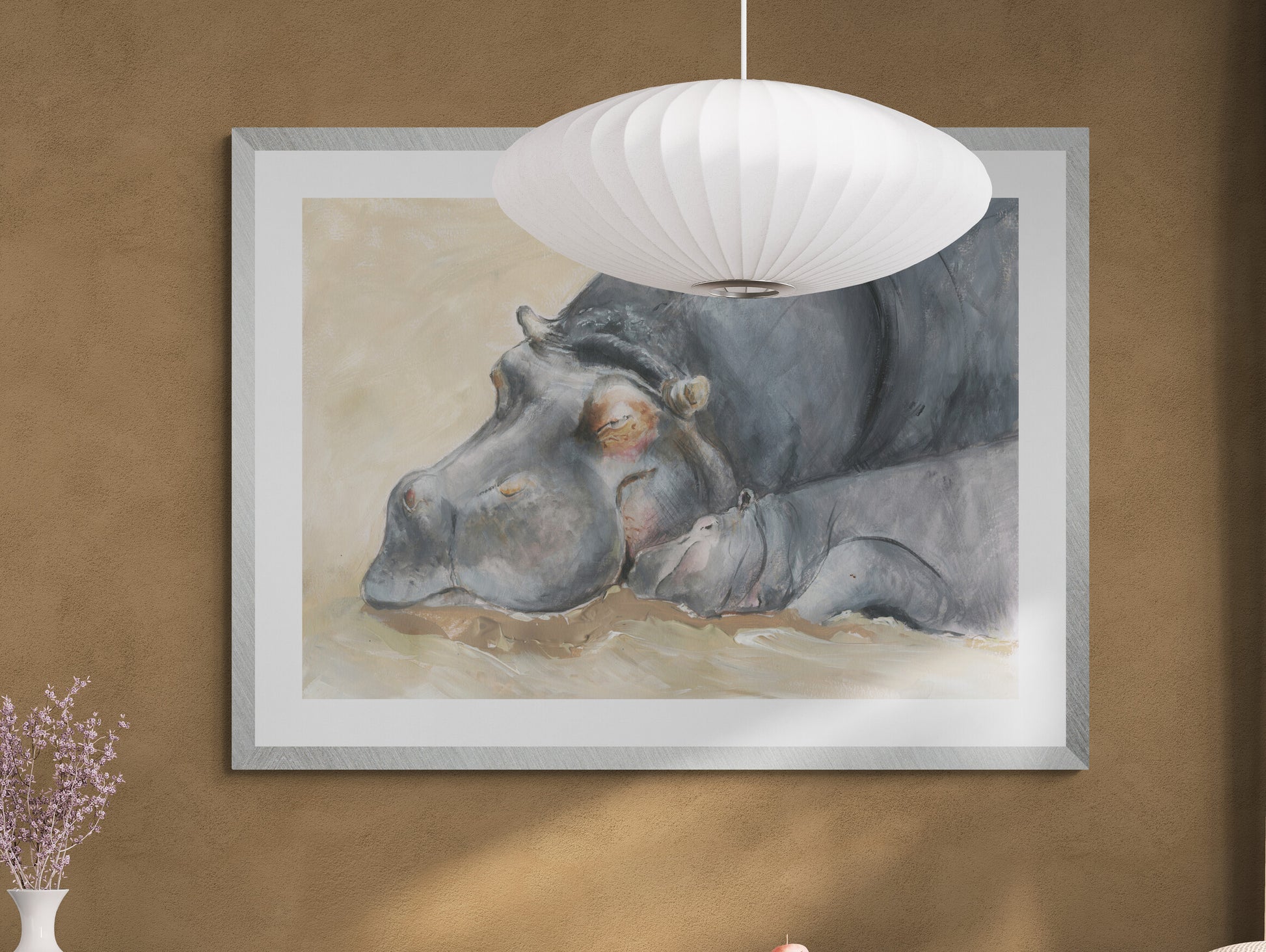 "Adorable Mum and Baby Hippo Painting - Captivating Wildlife Art" image 3
