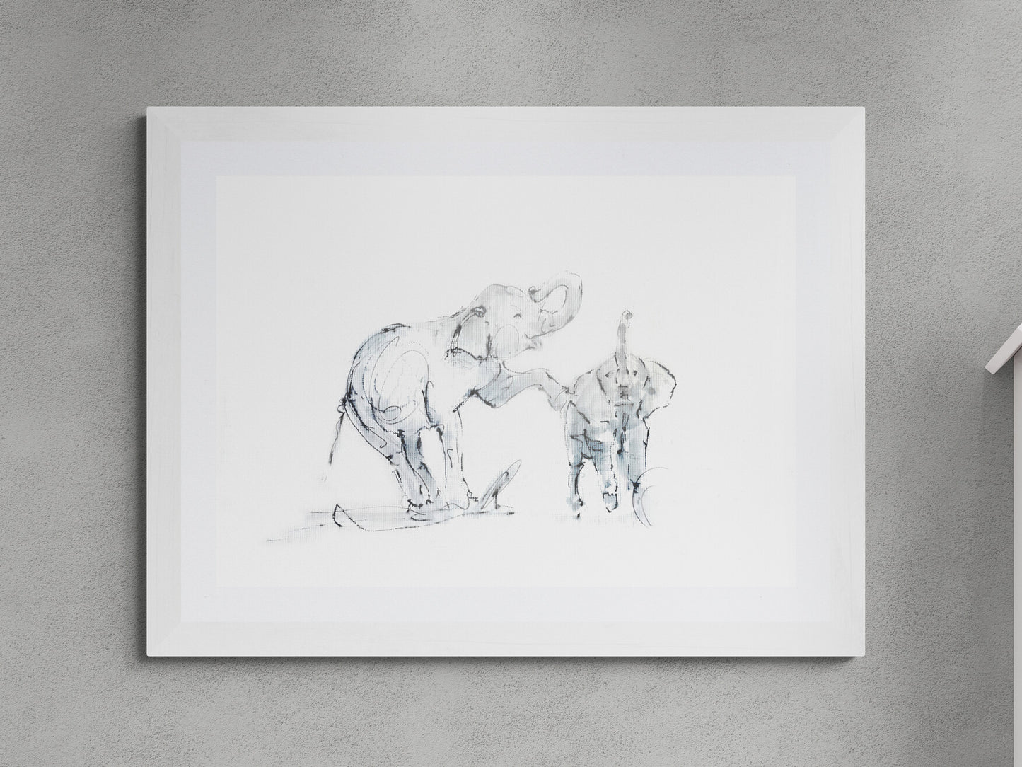 Framed elephant mother and calf ink and watercolour nursery art print by Wendy Laverick mounted with white mount
