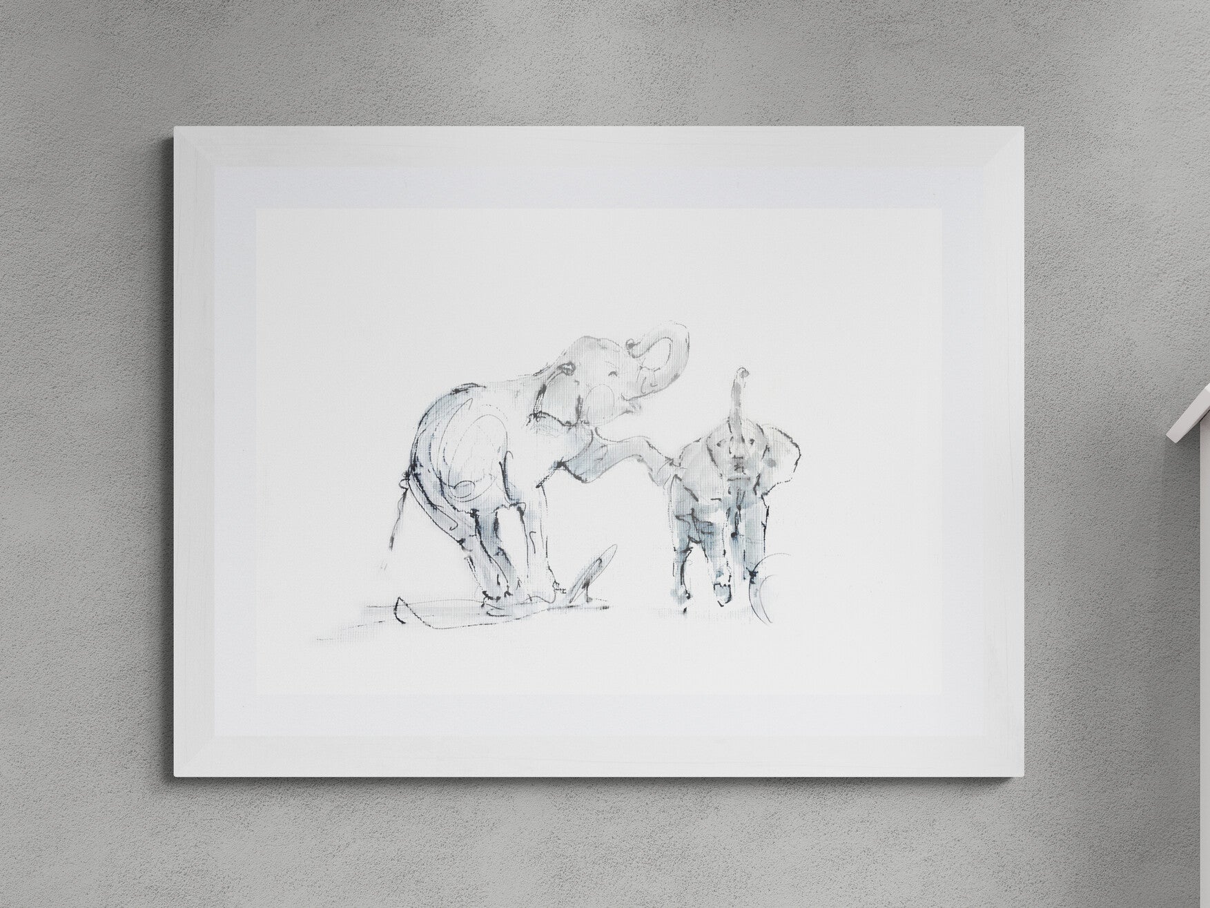 Framed elephant mother and calf ink and watercolour nursery art print by Wendy Laverick mounted with white mount
