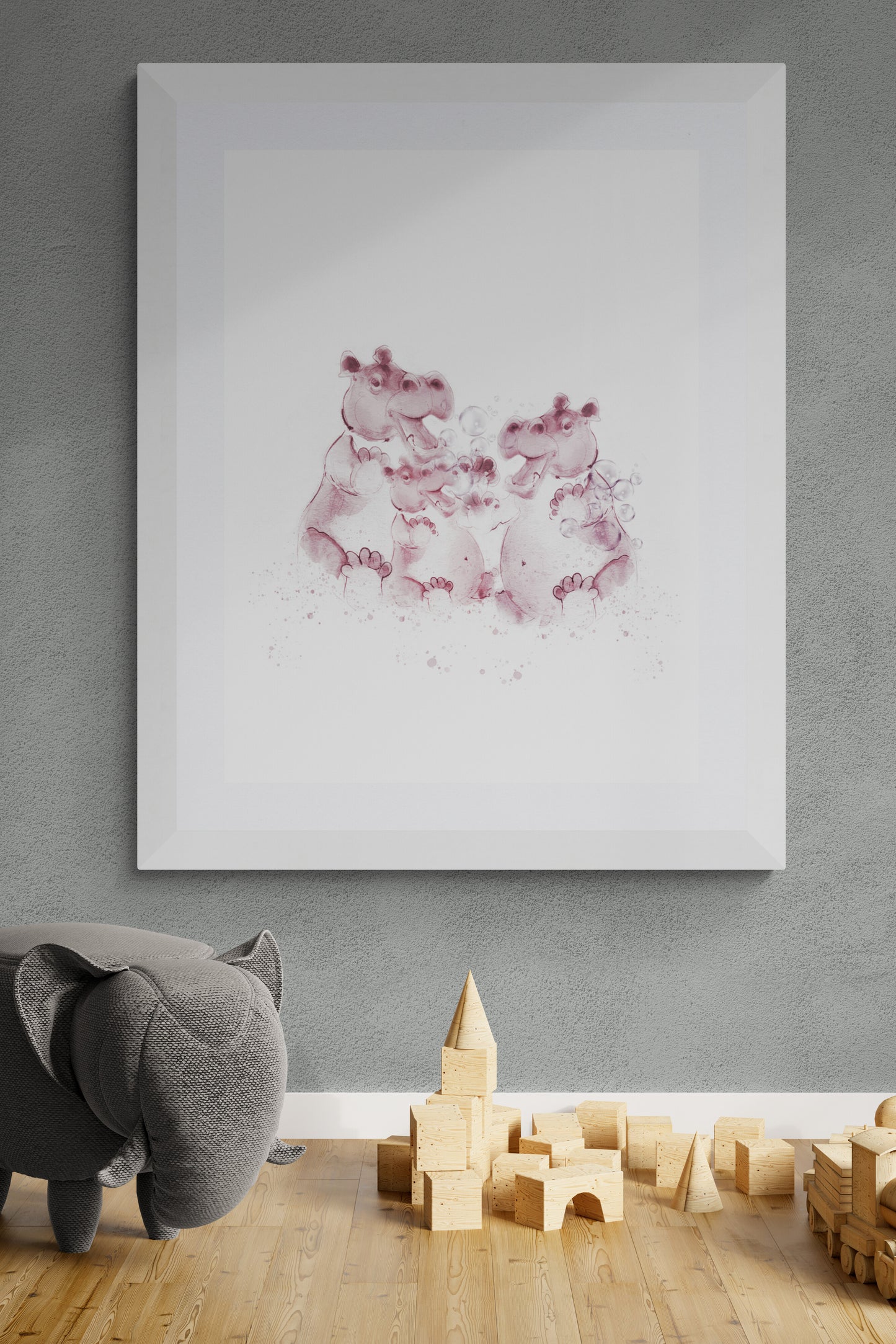 Hippo family nursery wall art in dusky pink – personalised baby name print, ink and watercolour