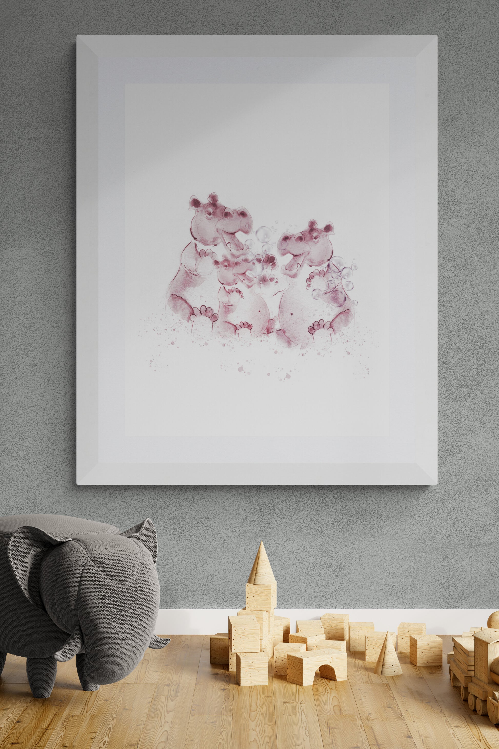Hippo family nursery wall art in dusky pink – personalised baby name print, ink and watercolour