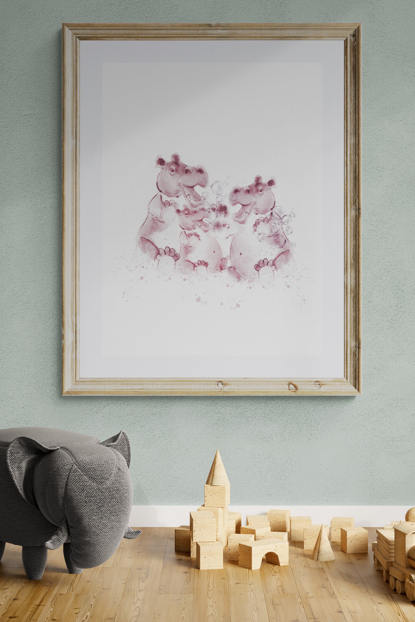 Hippo family nursery wall art in dusky pink – personalised baby name print, ink and watercolour