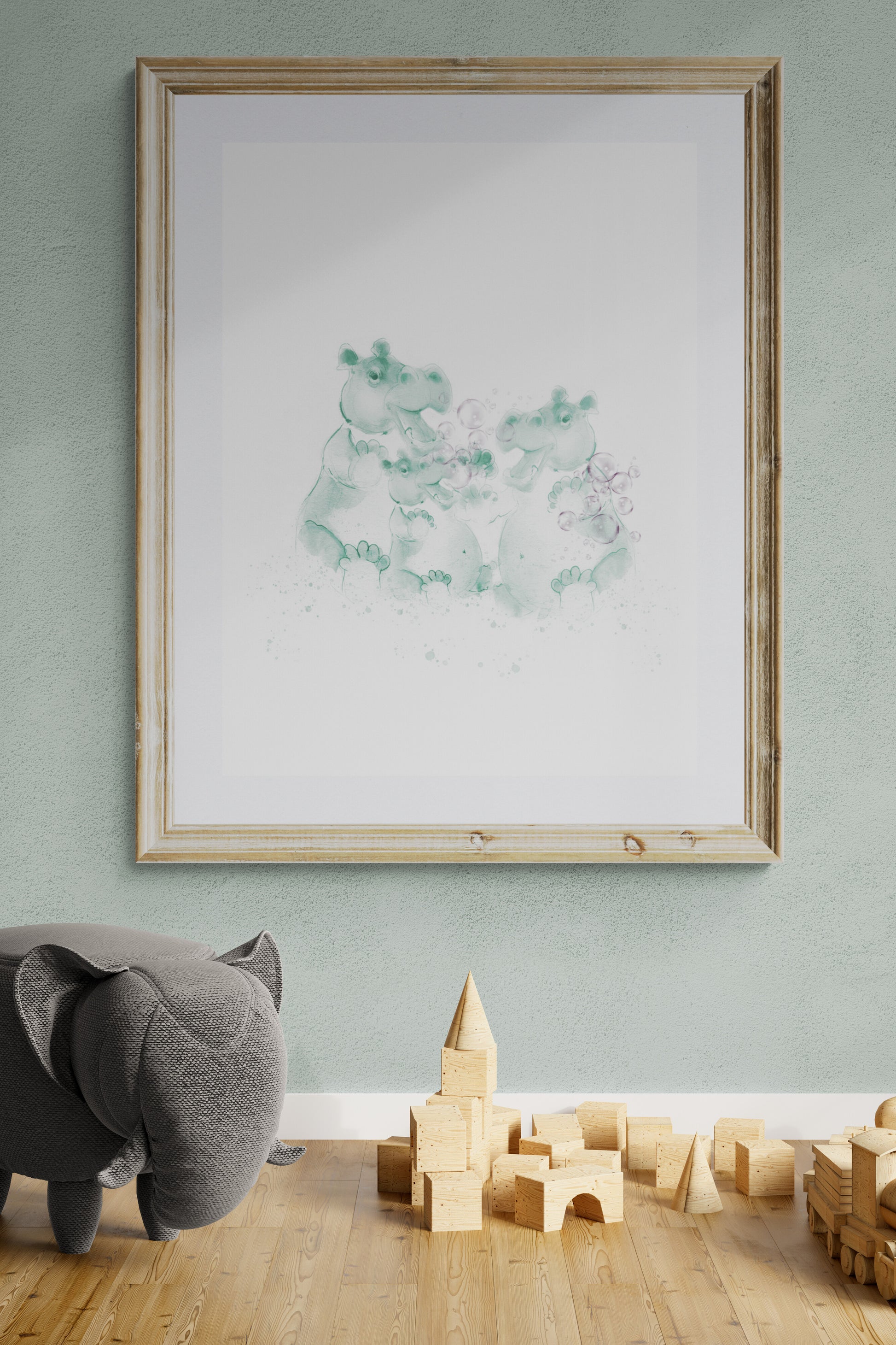 Hippo family nursery wall art in soft sage green – personalised baby name print, ink and watercolour