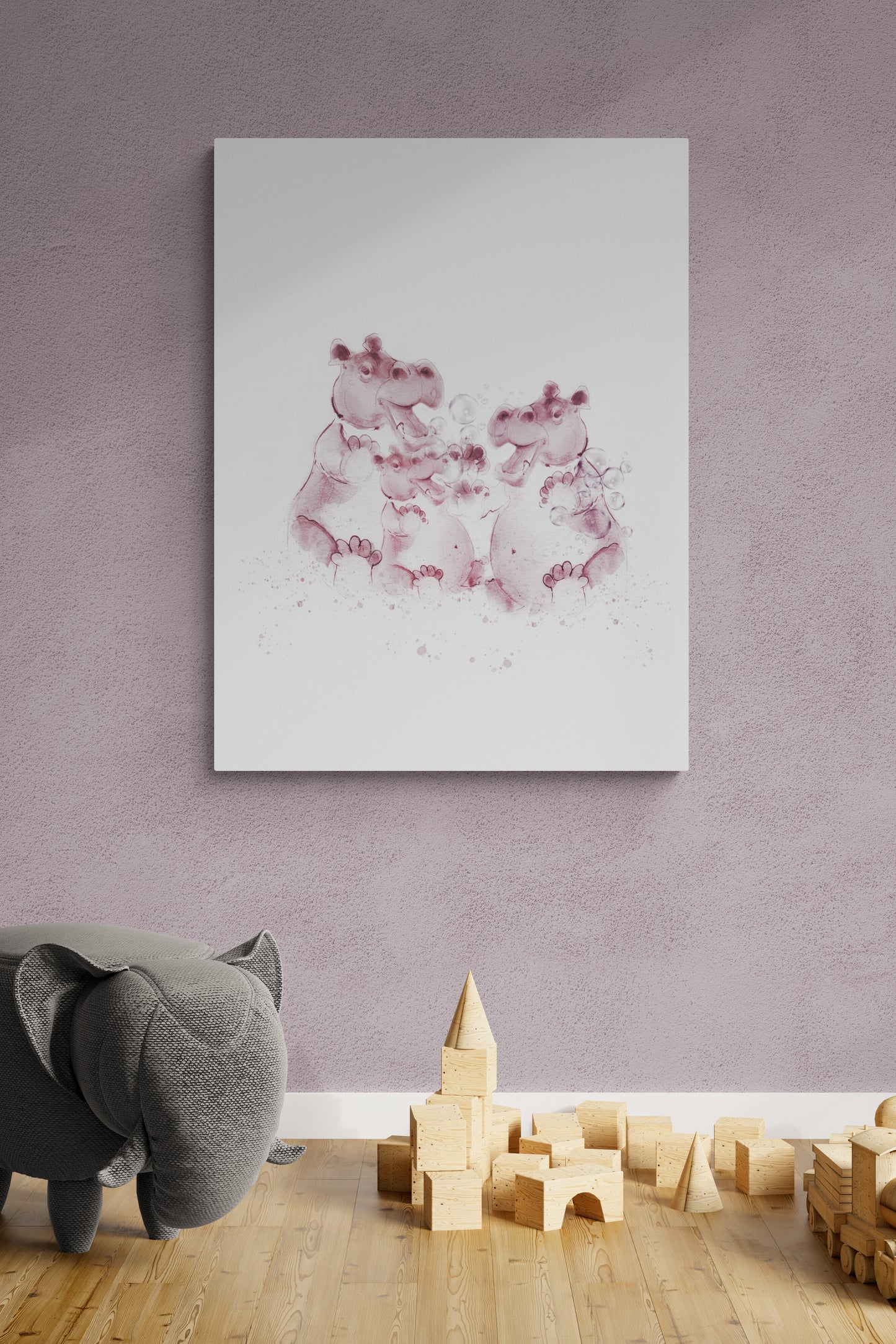 Hippo Family Nursery Wall Art – Ink & Watercolour Print