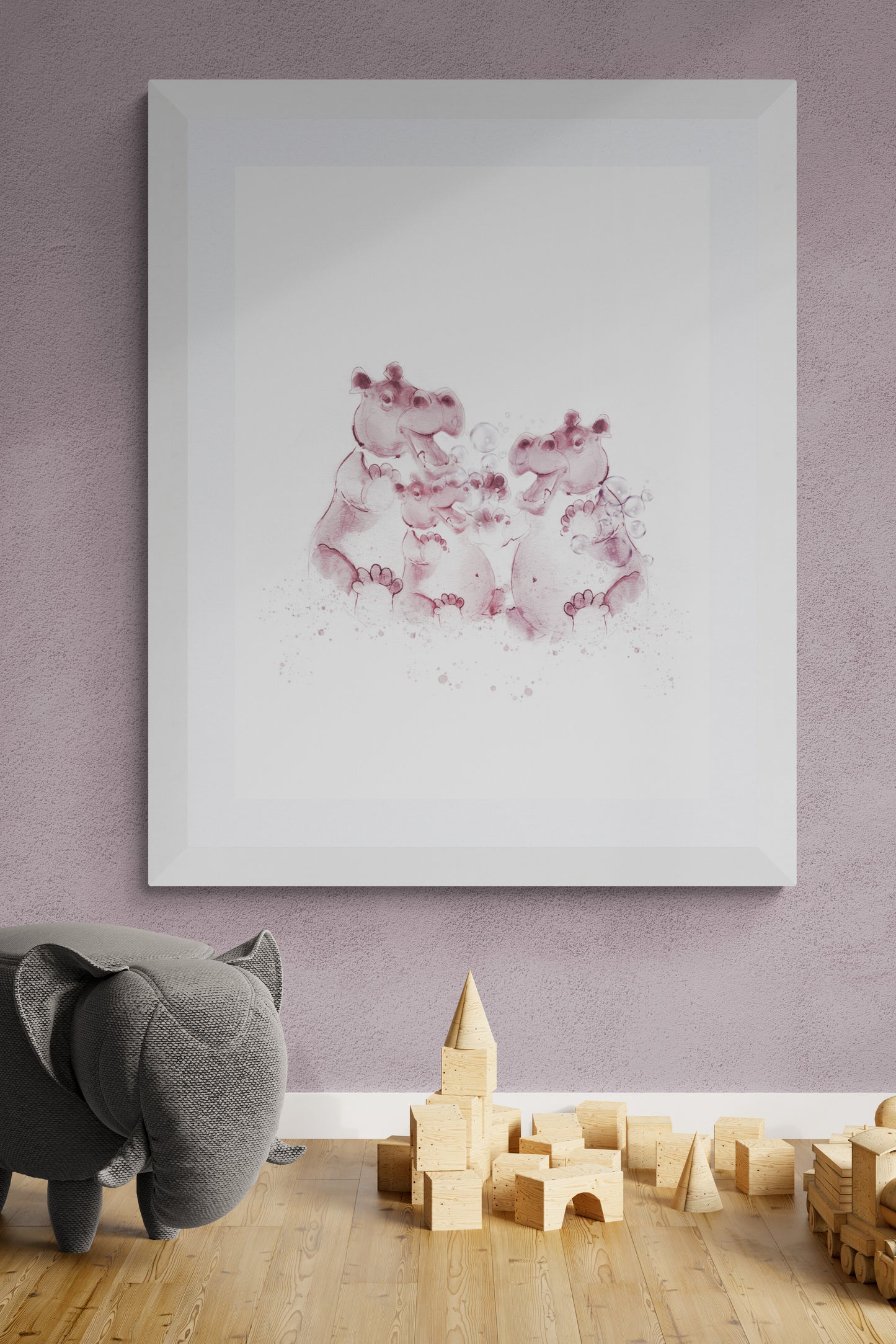 Hippo family nursery wall art in dusky pink – personalised baby name print, ink and watercolour