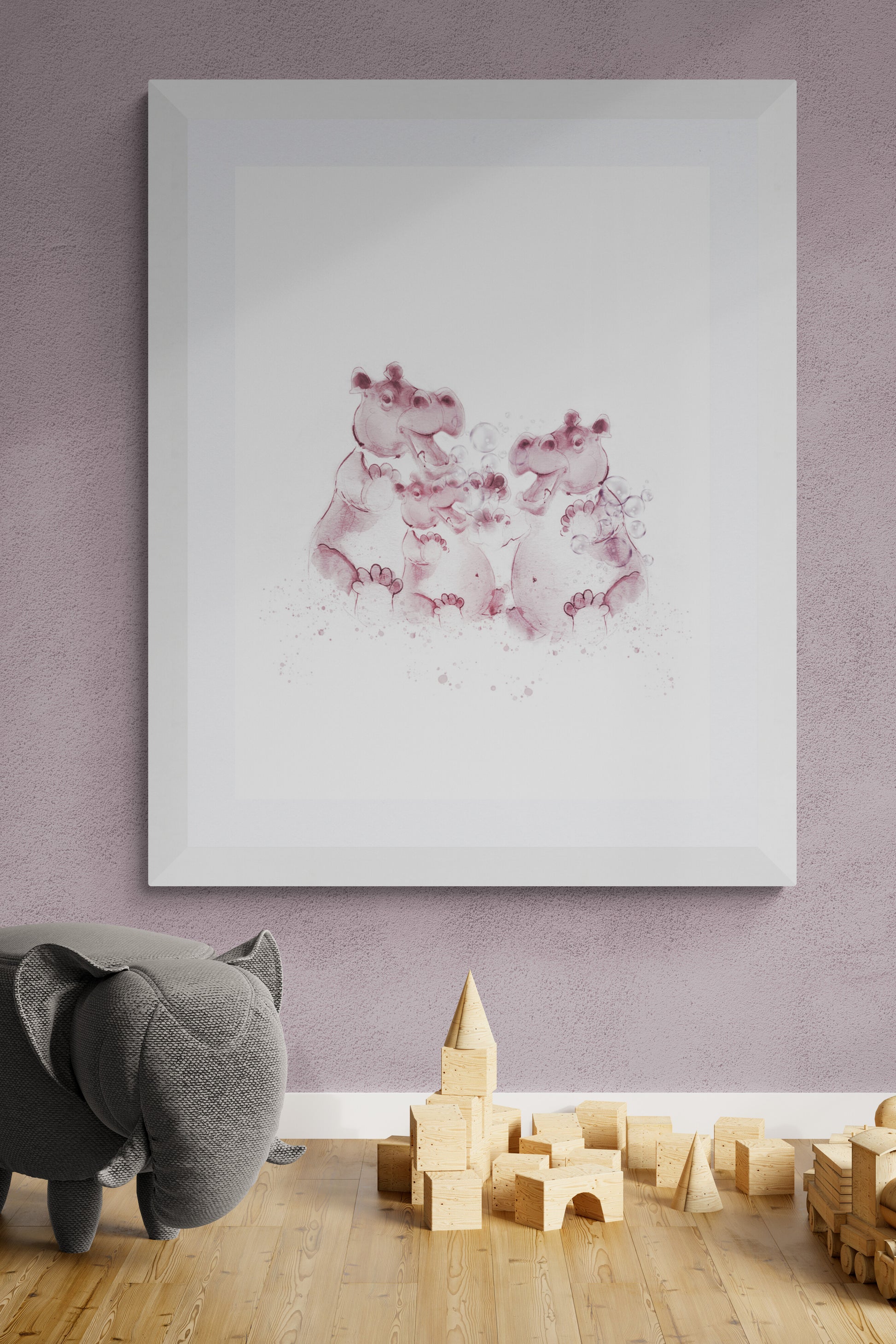 Hippo family nursery wall art in dusky pink – personalised baby name print, ink and watercolour