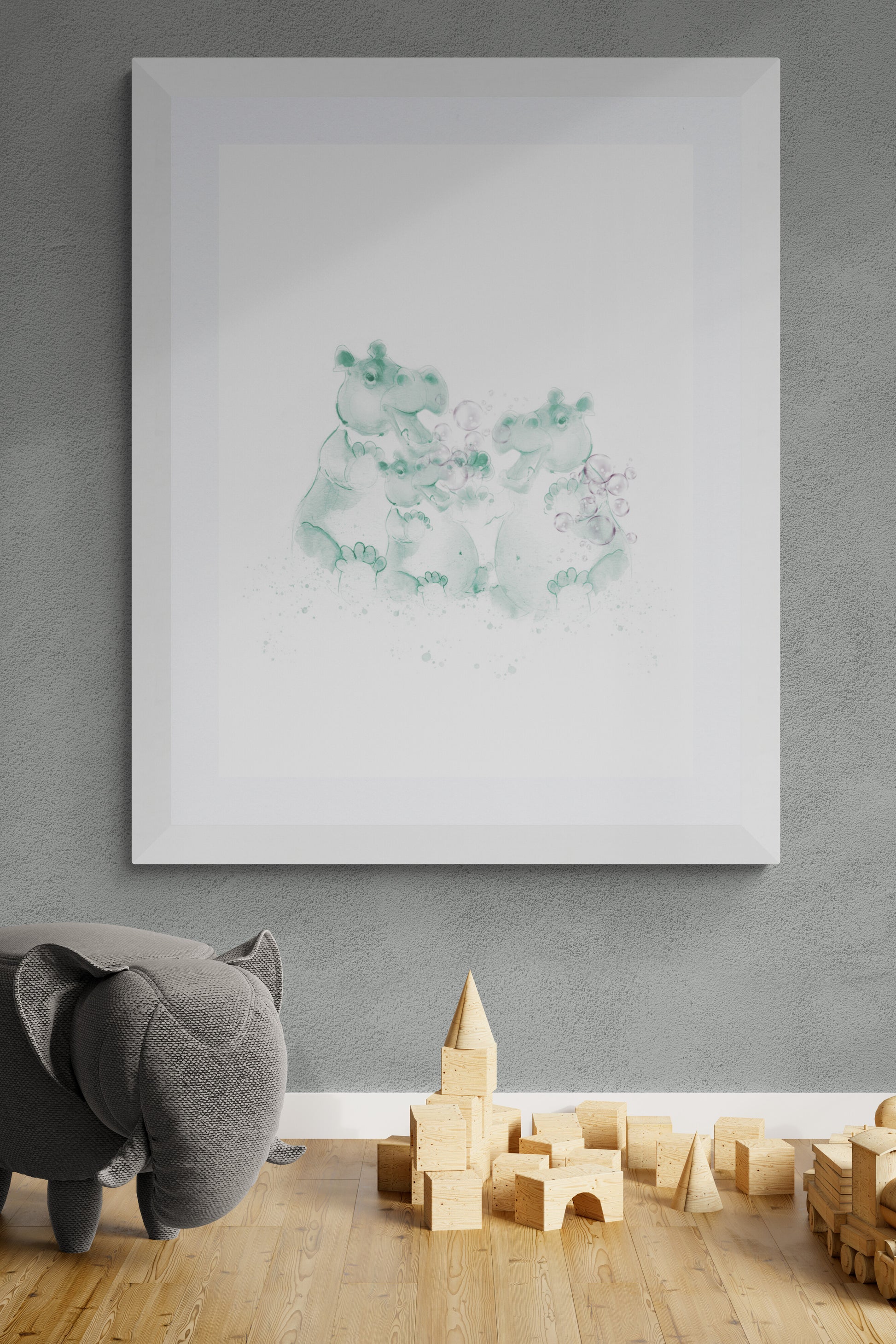 Hippo family nursery wall art in soft sage green – personalised baby name print, ink and watercolour
