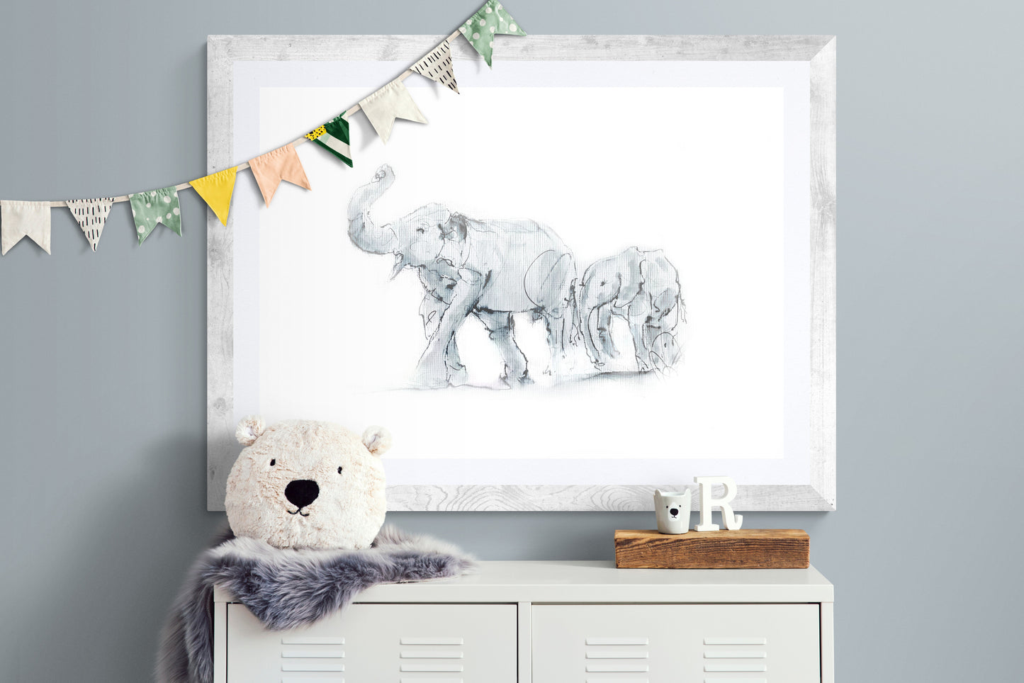 Elephant mother leading calf ink and watercolour wildlife artwork by Wendy Laverick