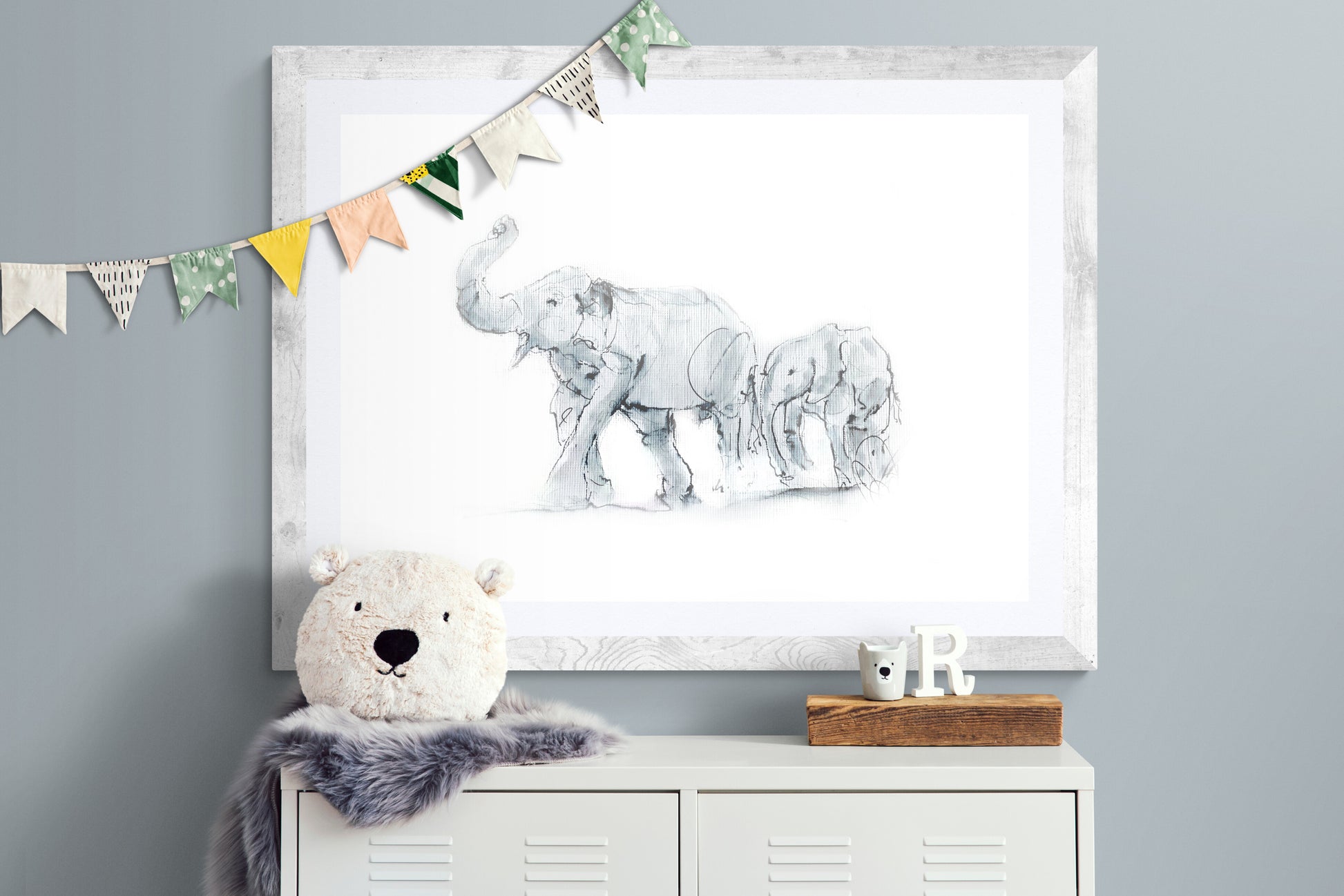 Elephant mother leading calf ink and watercolour wildlife artwork by Wendy Laverick