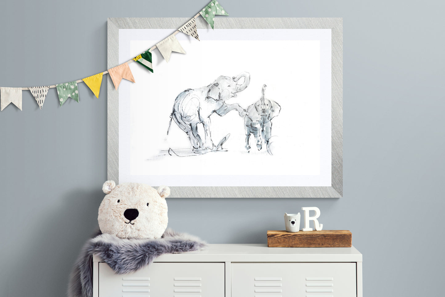 Elephant family wildlife nursery artwork styled in neutral contemporary interior
