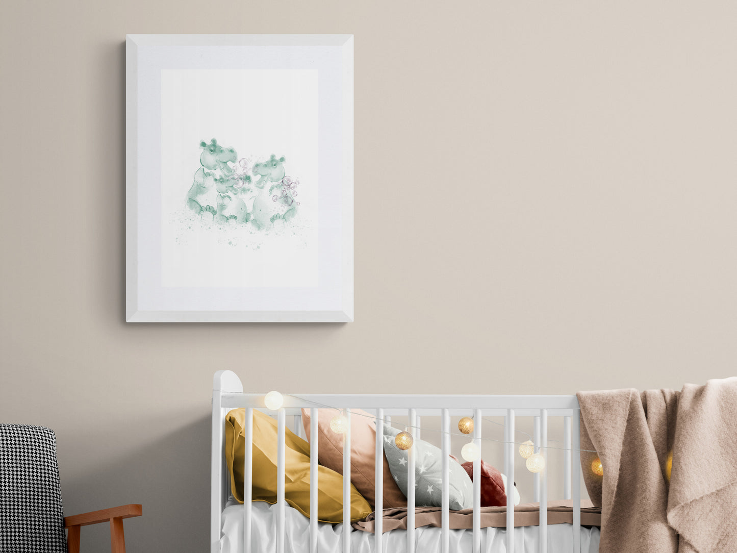 Hippo Family Nursery Wall Art – Ink & Watercolour Print