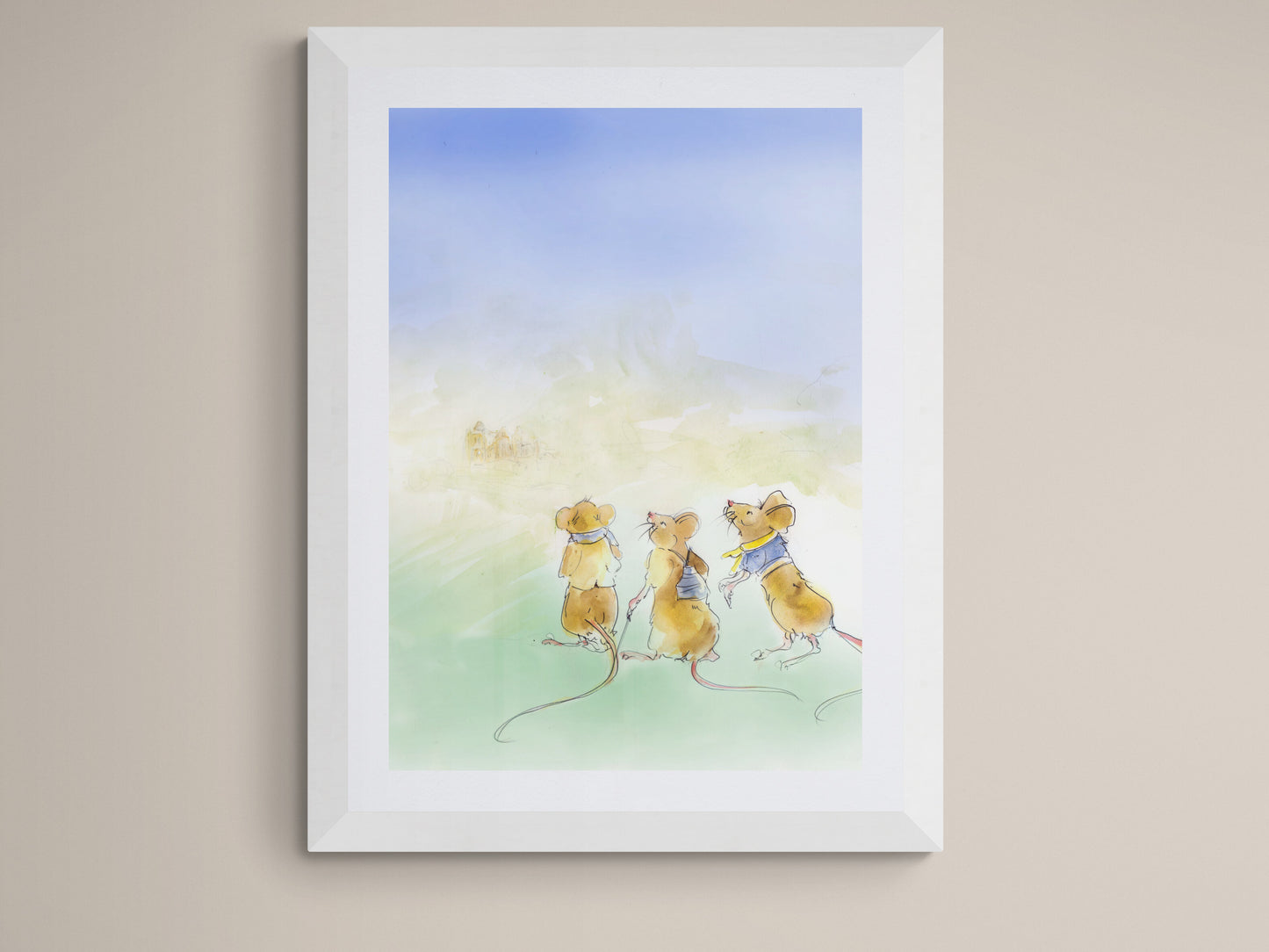 Three little mice ink and watercolour illustration nursery wall art by British artist Wendy Laverick
