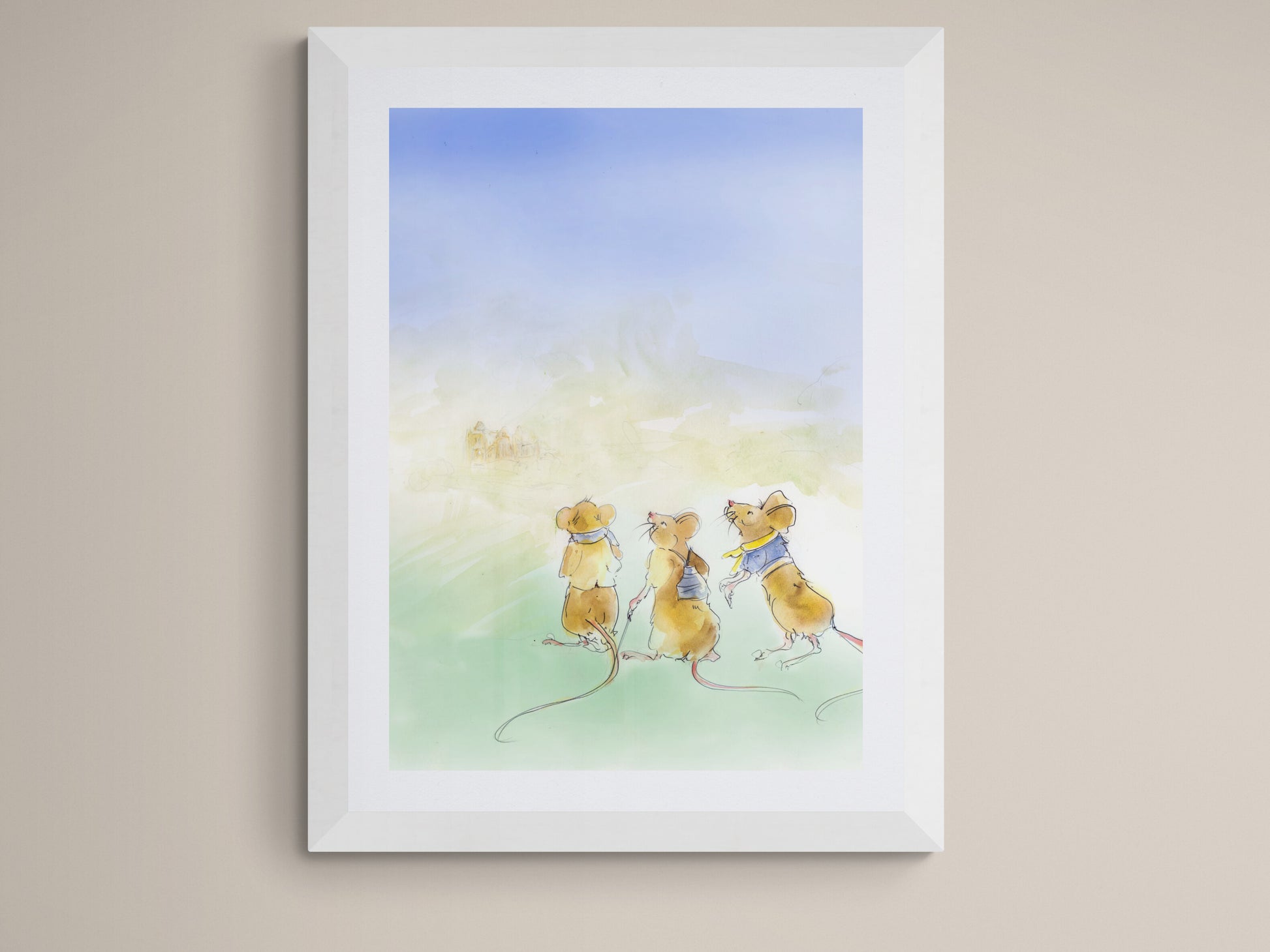 Three little mice ink and watercolour illustration nursery wall art by British artist Wendy Laverick