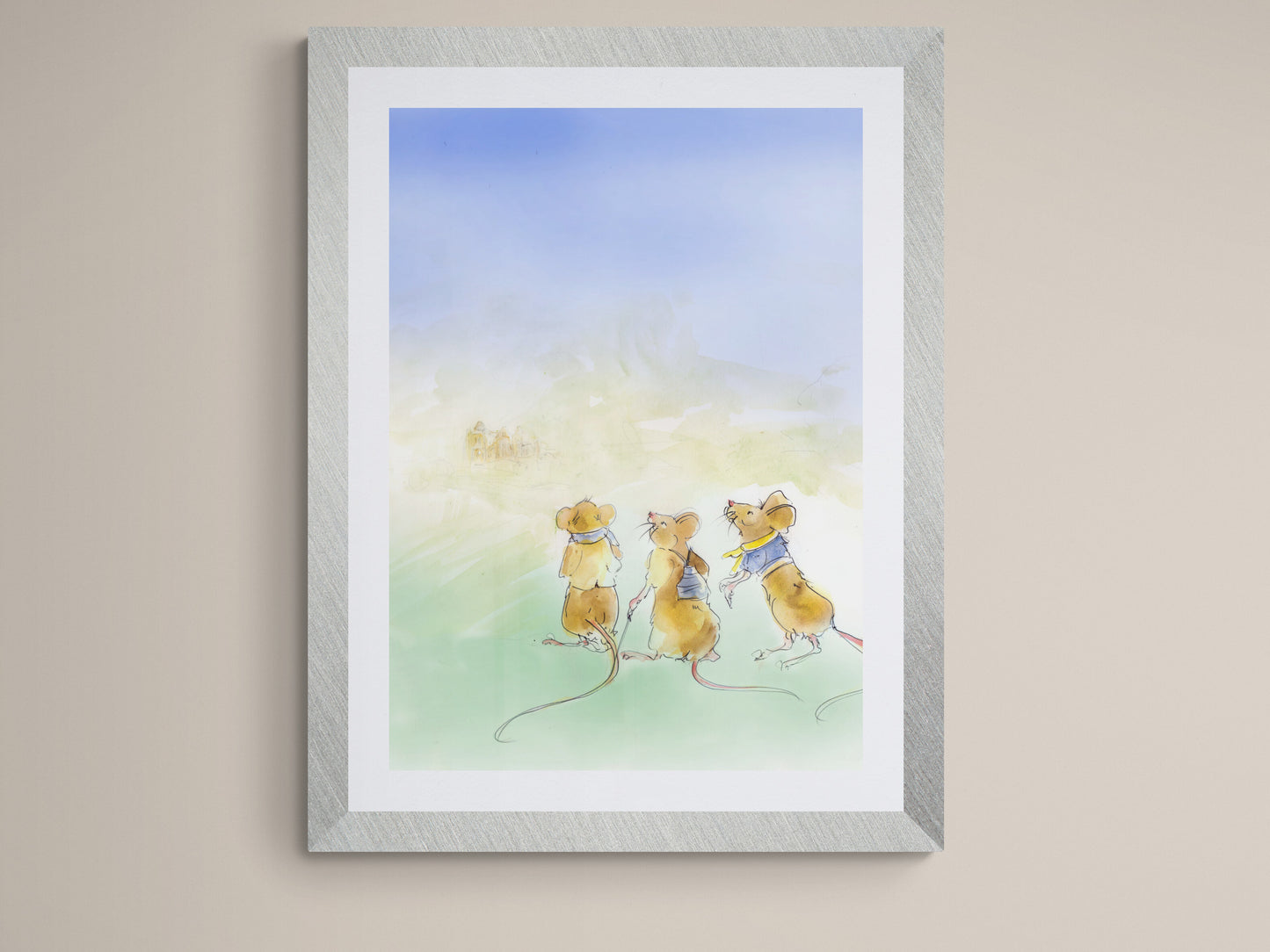 Ink and watercolour three little mice nursery print shown in a light grey frame with soft pastel background
