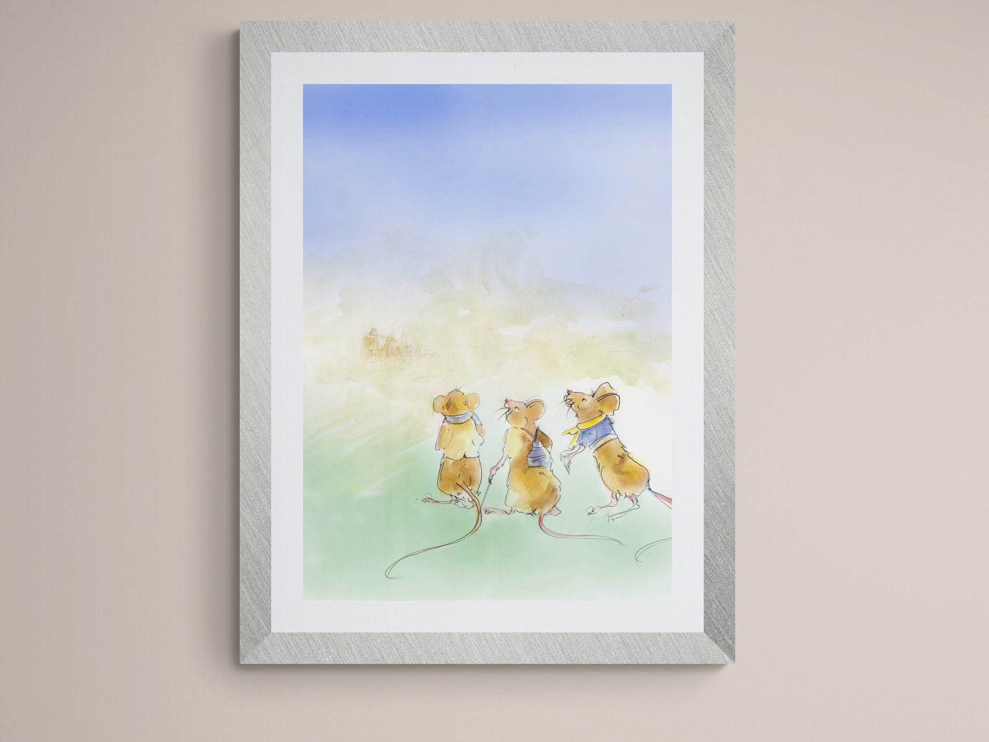 Ink and watercolour three little mice nursery print shown in a light grey frame with soft pastel background