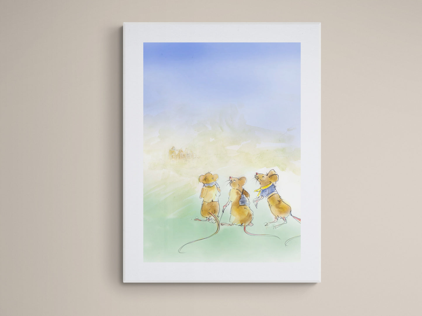 Three little mice ink and watercolour illustration nursery wall art by British artist Wendy Laverick